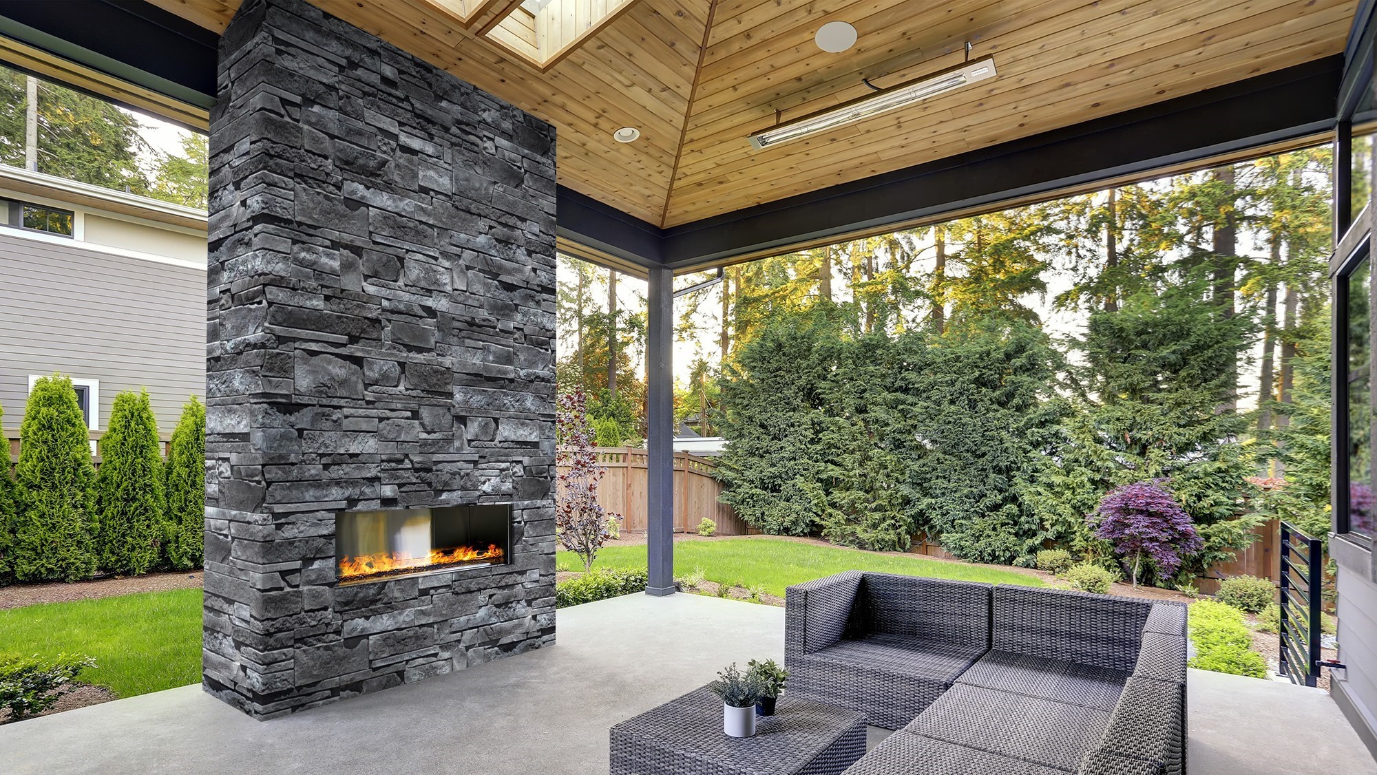 modern stone veneer fireplace